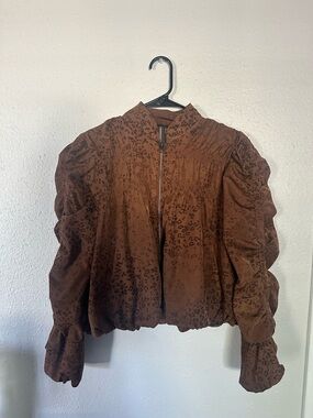 Anthropologie Brown Leopard-Print Ruched Puff Sleeve Zip Jacket